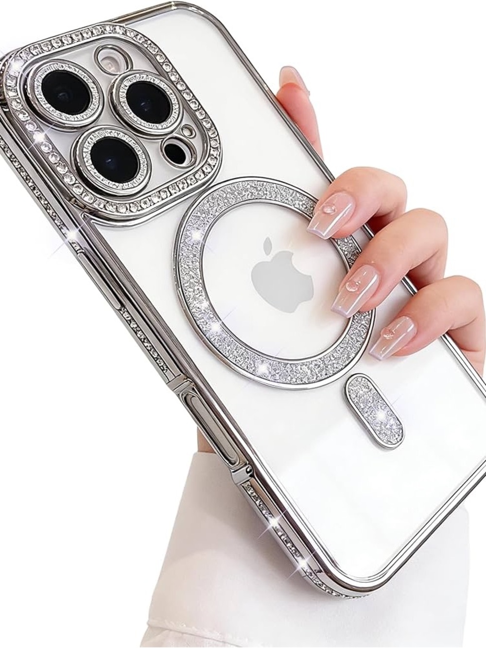 Clear White iPhone 16 Pro Max Case with Silver Rhinestone Glitter Ring